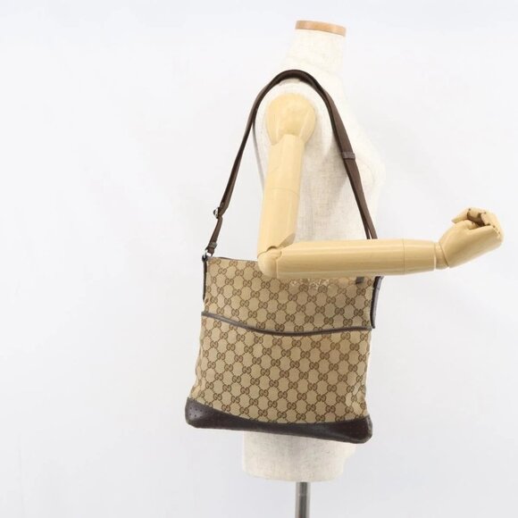 GUCCI GG Canvas Shoulder Bag Beige Silver